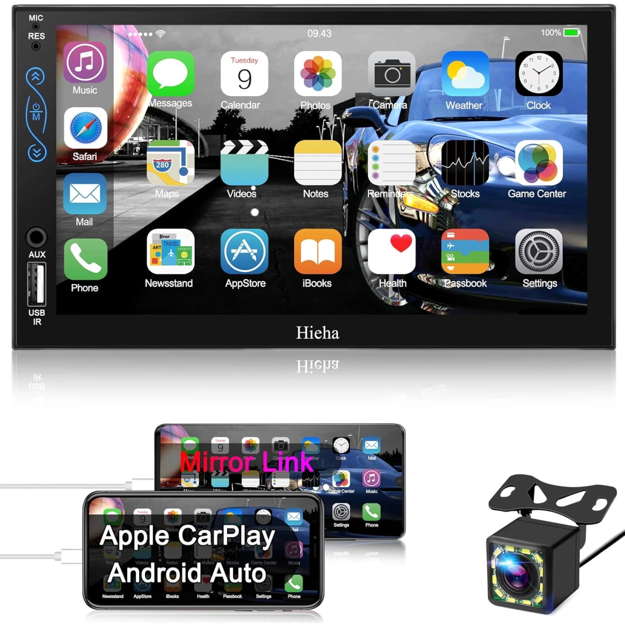 Hieha Car Stereo with Carplay and Android Auto, Bluetooth, Touch Screen, Backup Camera