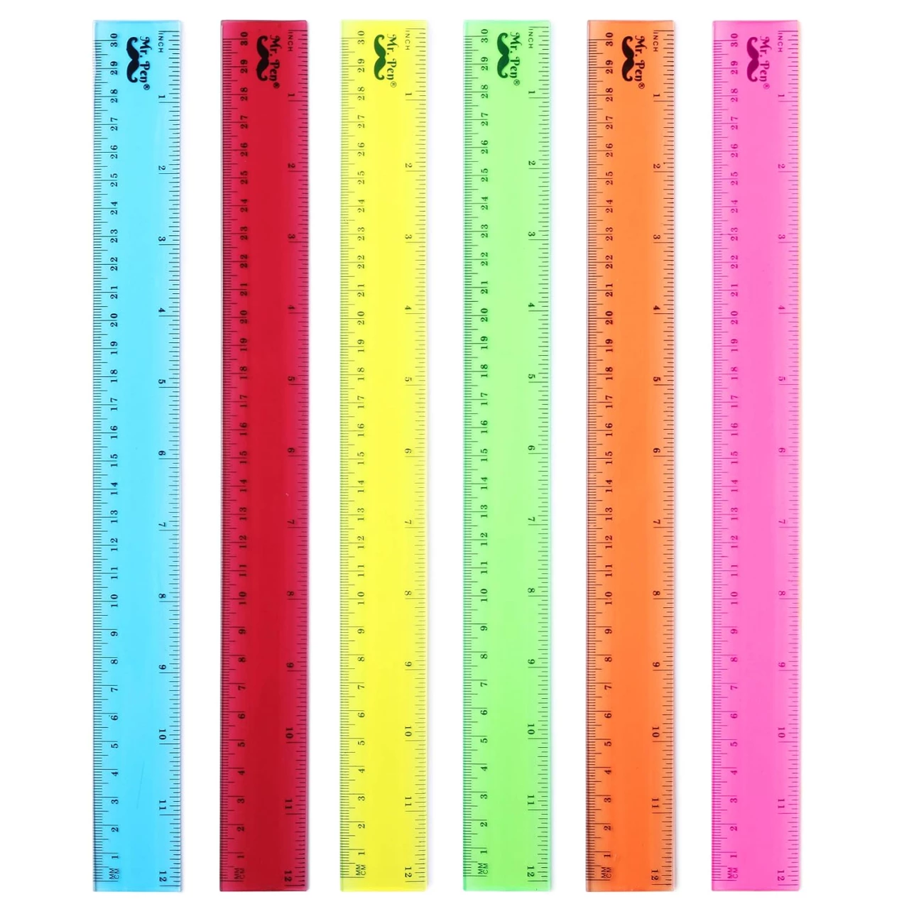 Mr. Pen- 12 Inch, 6 Pack, Assorted Colors, Kids Ruler for School with Centimeters and Inches, Plastic Standard Ruler, Clear