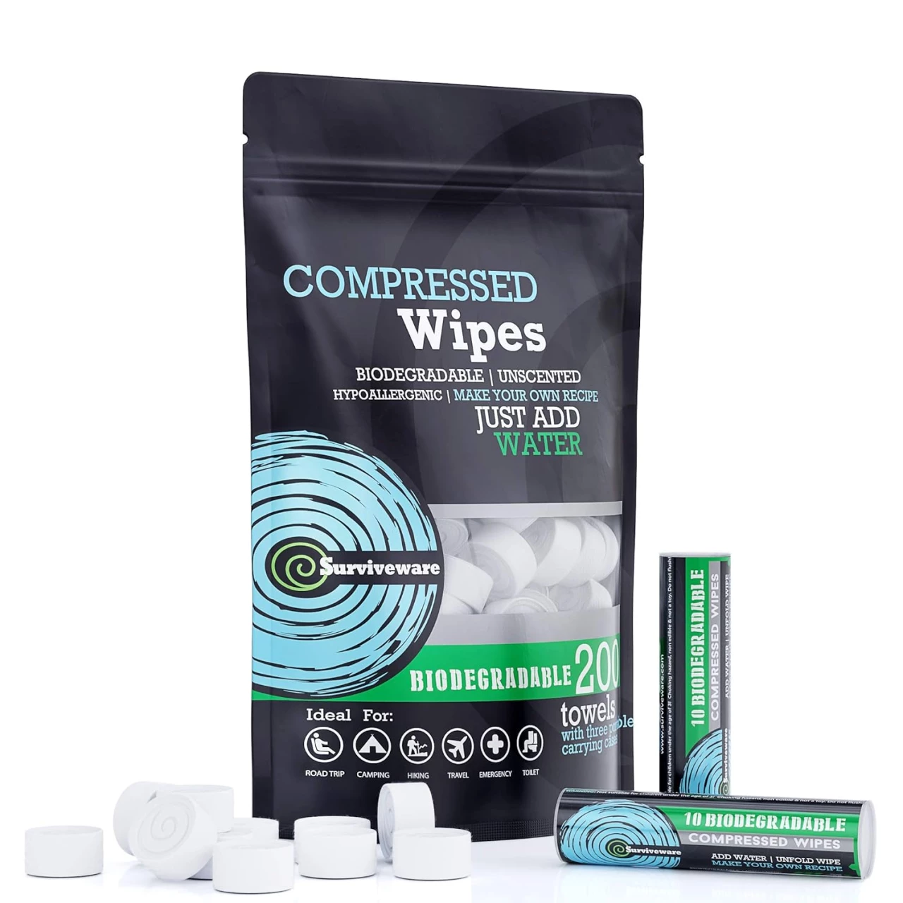 Surviveware Biodegradable Compressed Wipes, Paper Towel Coin Tissue, Face and Body Wipes for Post Workout and Camping, Wipes for Adults, Large Wipes, 200 Count