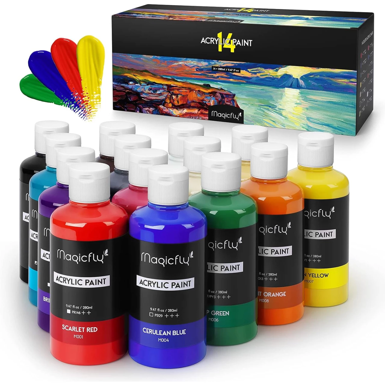 Magicfly Bulk Acrylic Paint Set, 14 Rich Pigments Colors (280 ml/9.47 fl oz.) Acrylic Paint Bottles