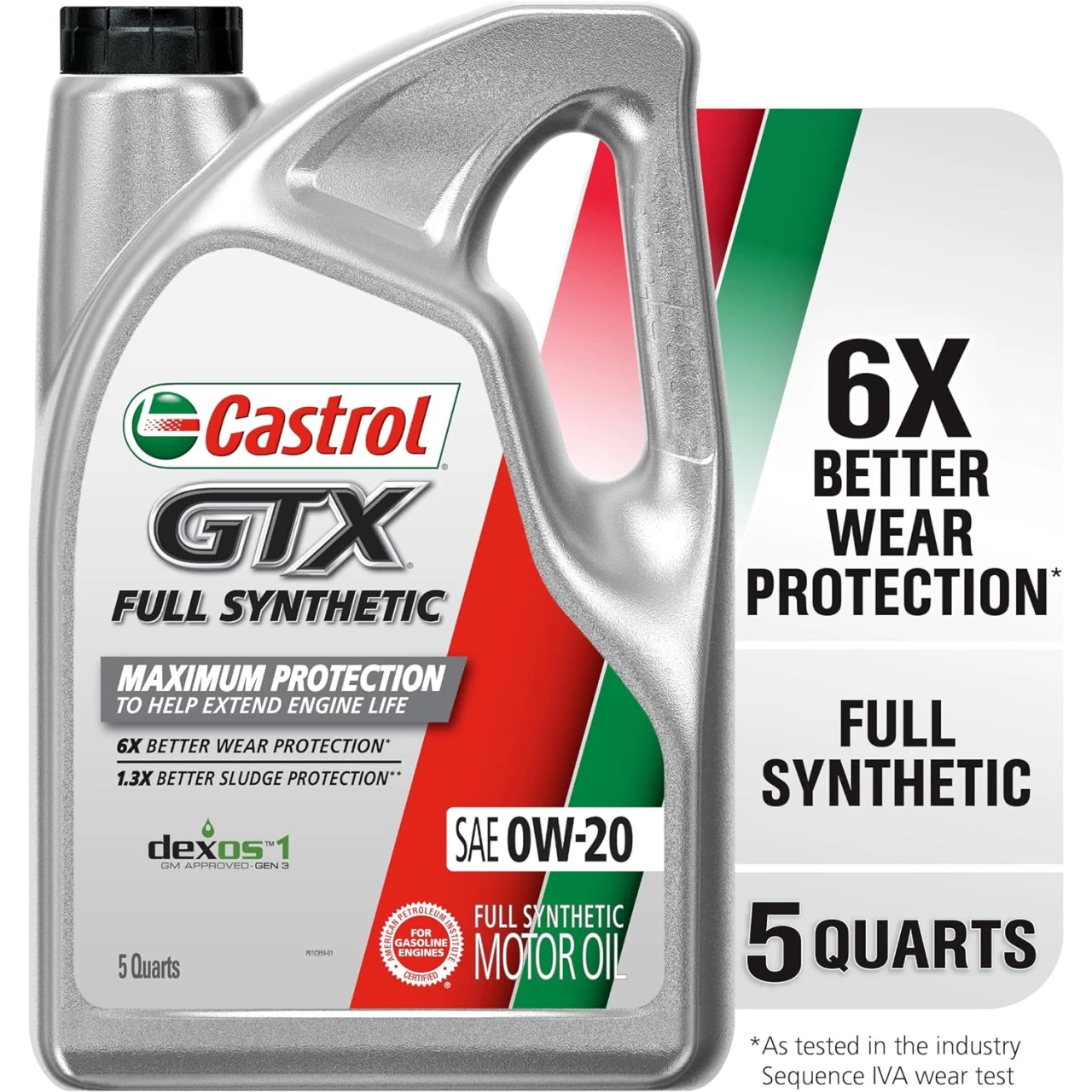 Castrol 15E725 GTX Full Synthetic 0W-20 Motor Oil, 5 Quarts