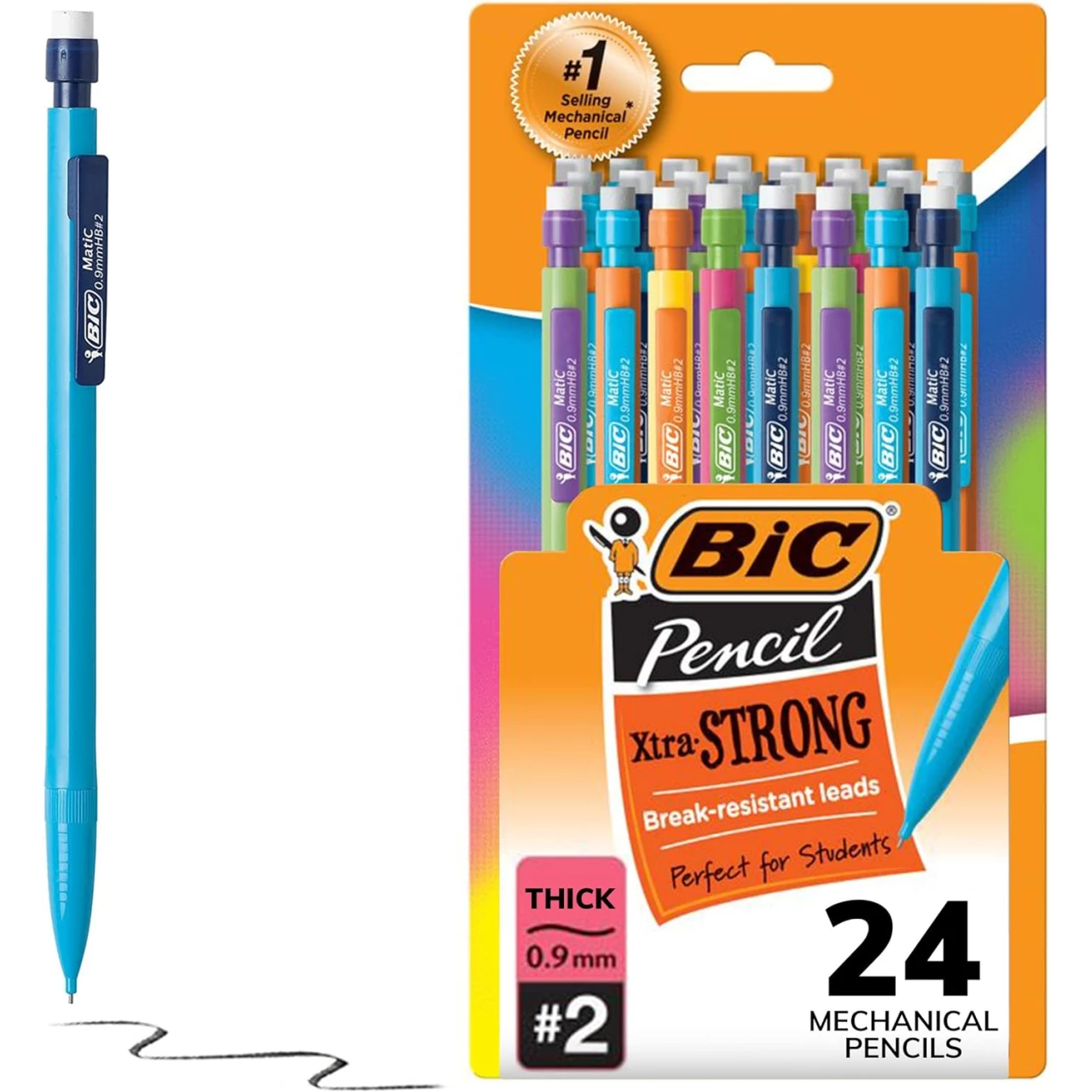 BIC Xtra-Strong Thick Lead Mechanical Pencil, With Colorful Barrel Thick Point (0.9mm), 24-Count Pack