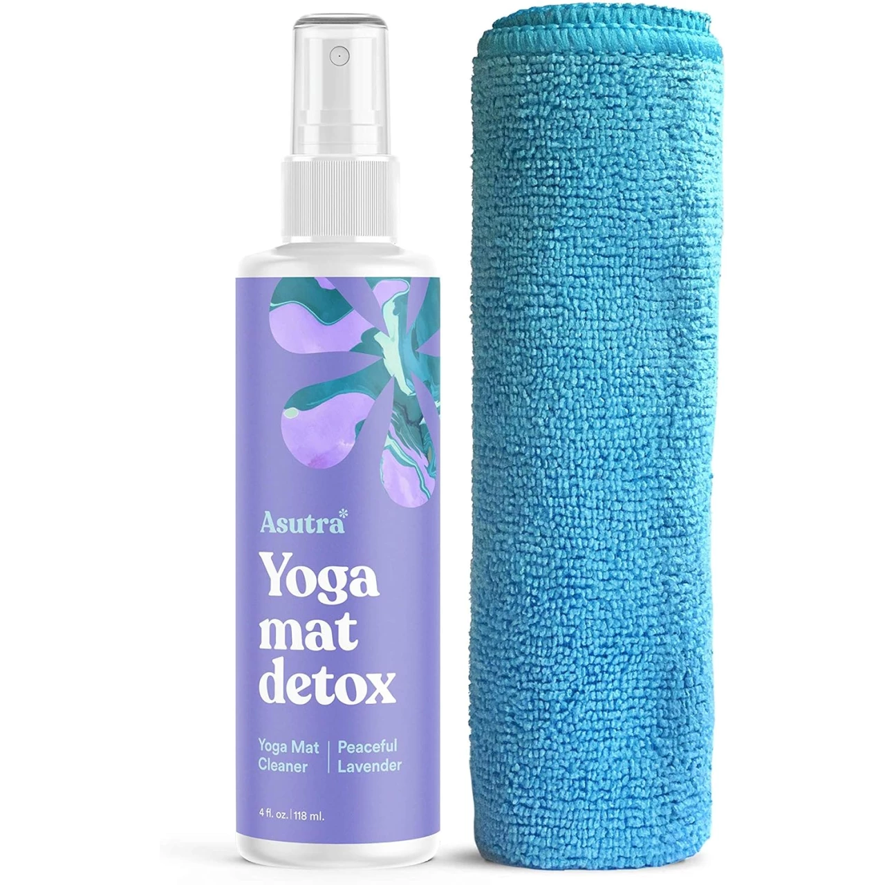 ASUTRA Natural &amp; Organic Yoga Mat Cleaner (Peaceful Lavender Aroma), 4 fl oz | Safe for All Mats &amp; No Slippery Residue | Cleans, Restores, Refreshes | Comes w/ Microfiber Cleaning Towel