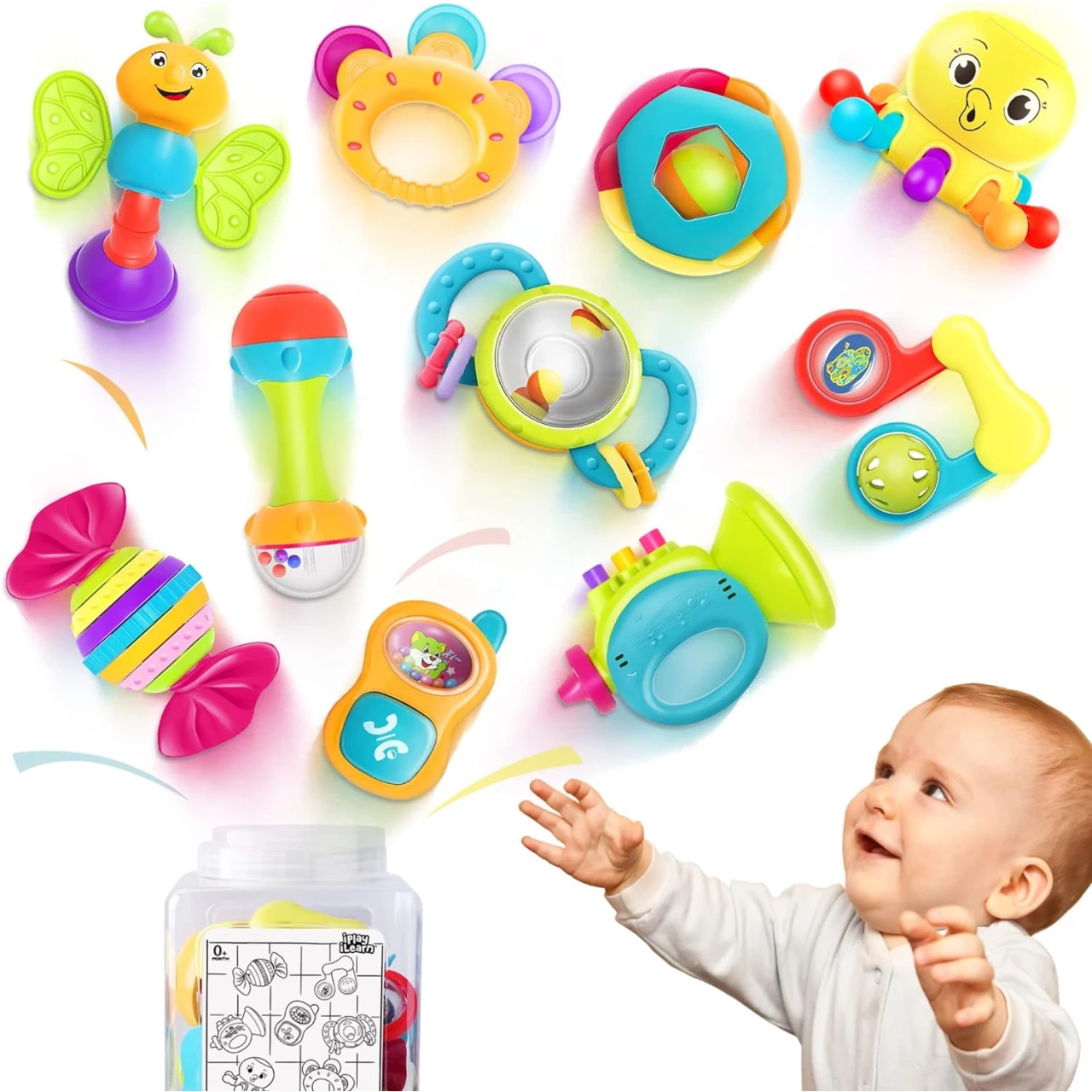 iPlay, iLearn 10pcs Baby Rattles Toys Set, Infant Grab N Shake Rattle, Sensory Teether, Development Learning Music Toy