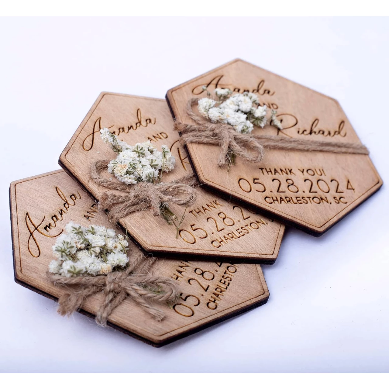 Hexagon Floral Wedding Favors, Personalized Wedding Favor, Wooden Magnet