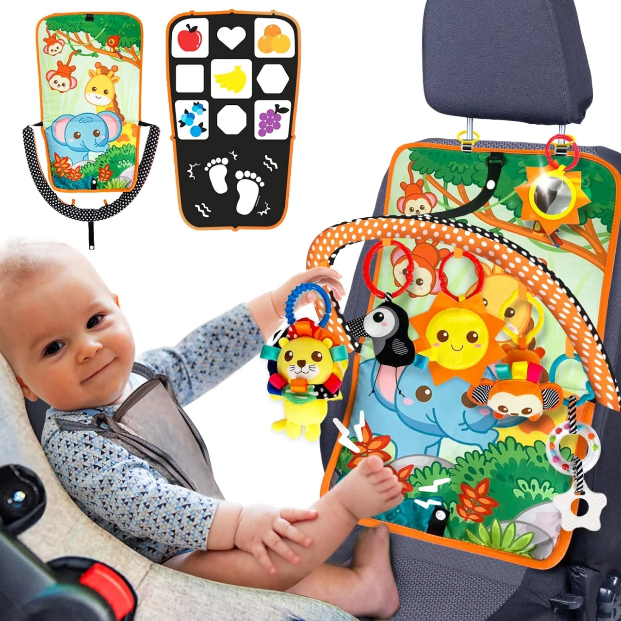 Innofans Baby Car Seat Infant Toys - Baby Travel Activities, Sensory Stroller Toy for Toddlers, Portable Car Seat Toys with Music, Mirror and Squishy Animals Toys, Newborn Toys, Baby Activity Center