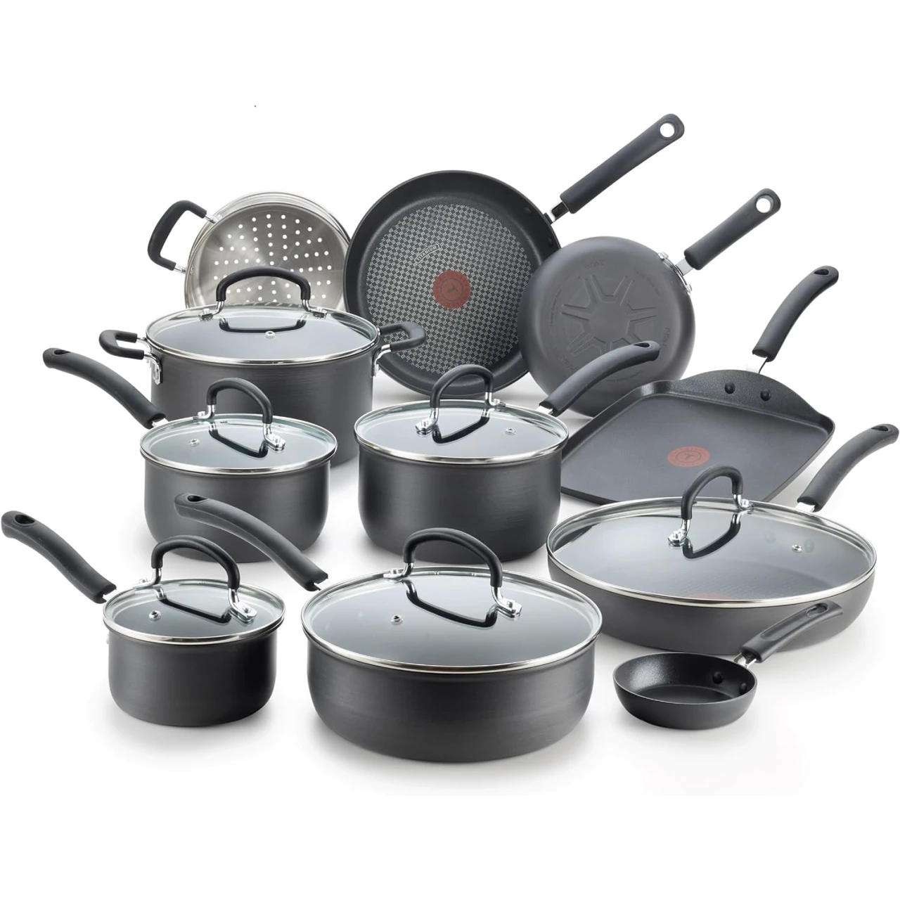 T-fal Ultimate Hard Anodized Nonstick Cookware Set 17 Piece Pots and Pans, Dishwasher Safe Black