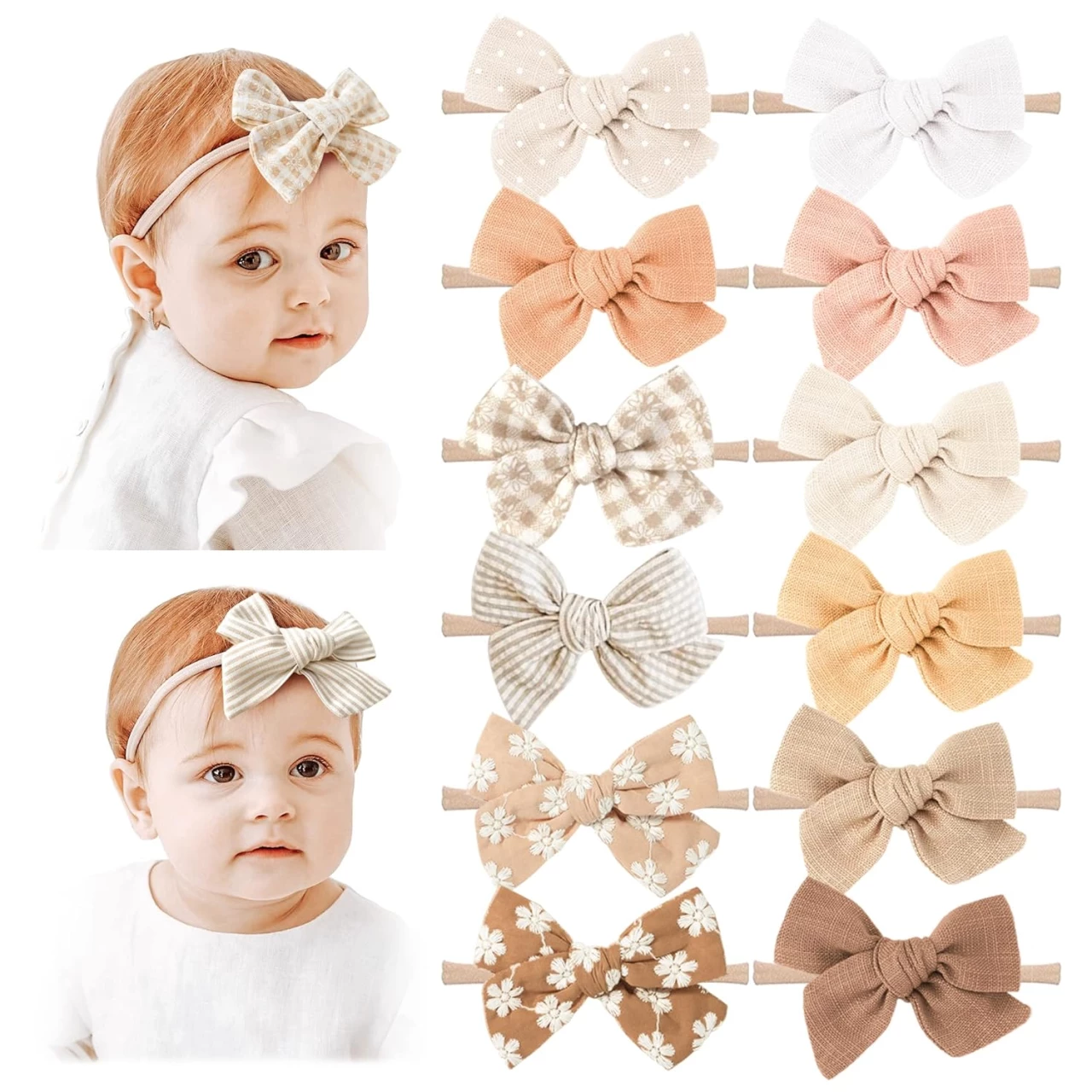 Niceye Baby Girl Bows and Headbands, 12 Packs of Stretchy Nylon Hairbands Hair Bows for Newborns, Infants, Toddlers - Handmade Baby Hair Accessories for Girls