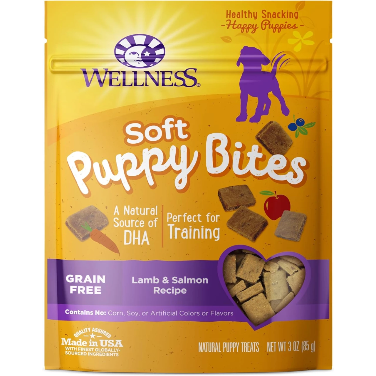 Wellness Soft Puppy Bites Natural Grain-Free Treats for Training, Dog Treats with Real Meat and DHA, No Artificial Flavors (Lamb &amp; Salmon, 3-Ounce Bag)