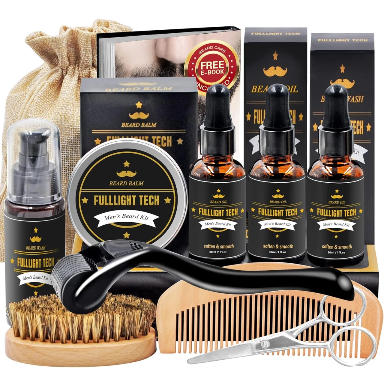 Beard Kit for Men Grooming &amp; Care W/Beard Wash/Shampoo,3 Packs Beard Growth Oil,Beard Balm Leave-in Conditioner,Beard Comb,Beard Brush,Beard Scissor 100% Pure &amp; Organic Beard Growth Kit