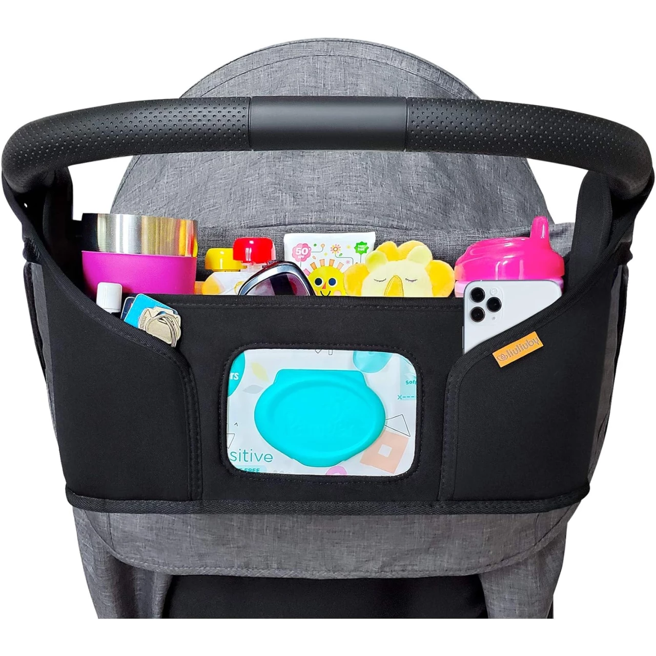 liuliuby Stroller Organizer - Large Storage Space with Cup Holder &amp; Easy Access Wipes Pocket - Customizable Compartments &amp; Universal Fit Stroller Caddy - Parent Console Accessories