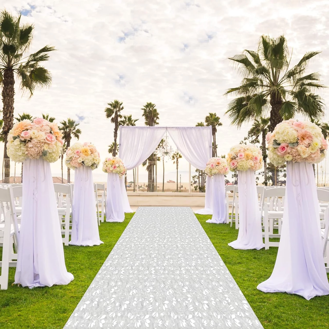 EZLucky Aisle Runner for Wedding Ceremony Includes Pull String, Olive Branch Scroll Pattern White Carpet