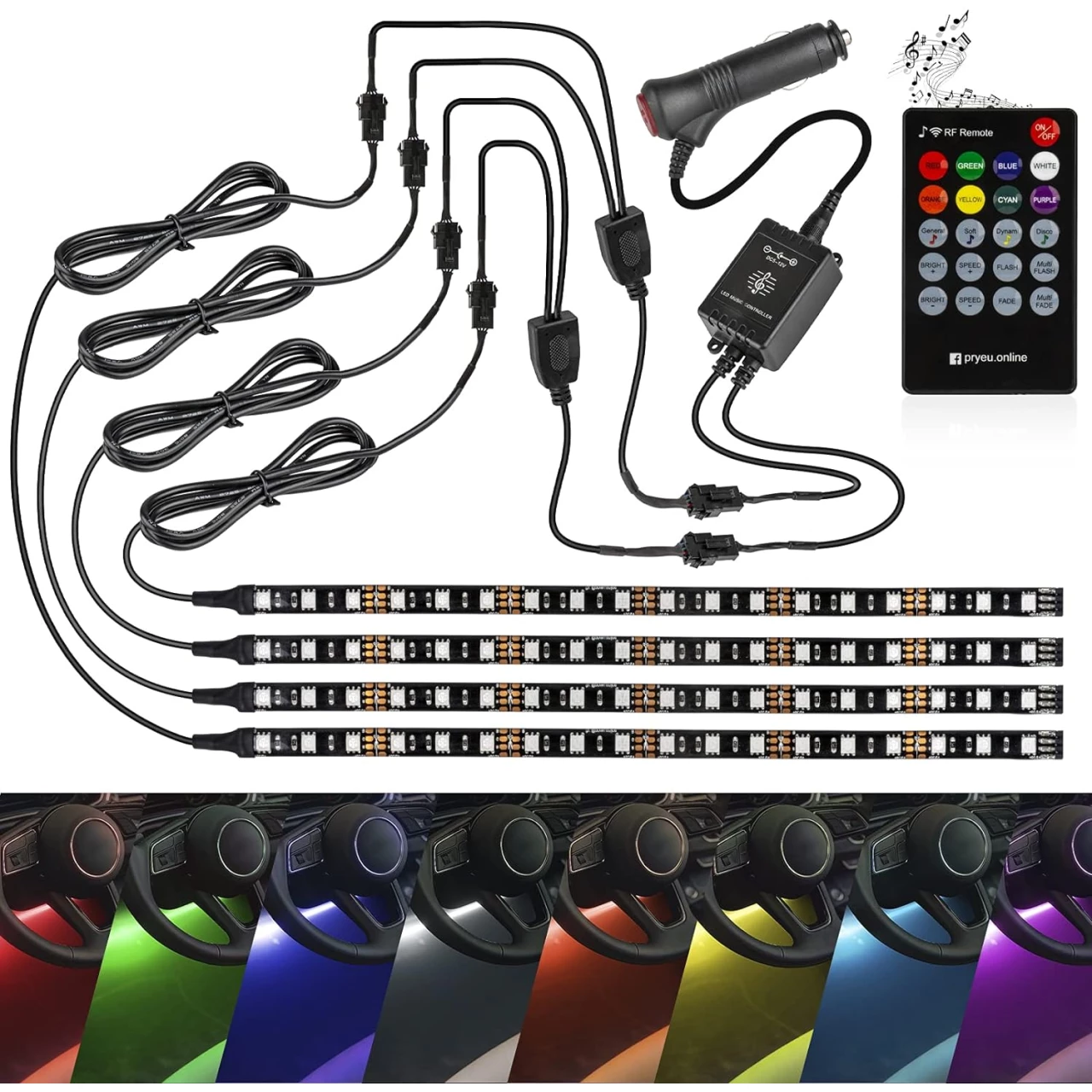 Geeon RGB Interior Car LED Strip Lights 12&rsquo;&rsquo;/30CM for Automotive Under Dash Footwell Lighting with Music Sync Remote and 12V Lighter Plug, Pack of 4