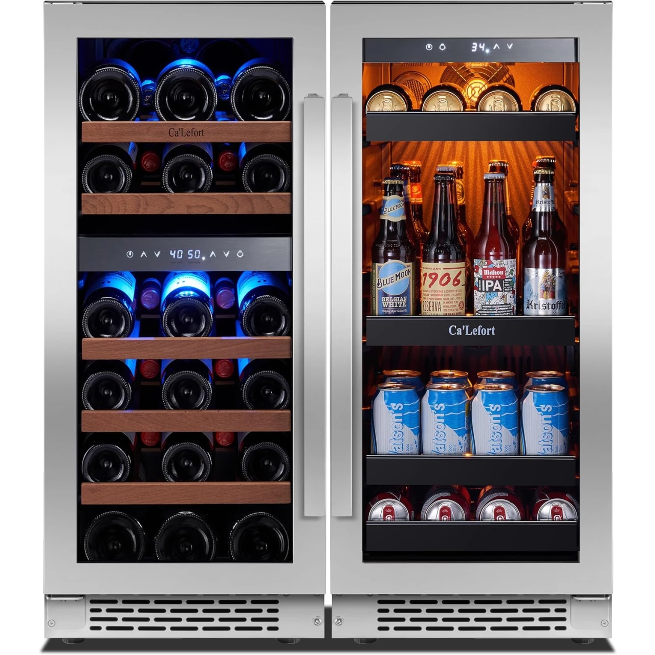 Ca&rsquo;Lefort Wine and Beverage Refrigerator, 15&quot; Dual Zone Wine Fridge and 15&quot; Beverage Fridge Cooler for Chilled Beer Soda or Wine, Built-In for Kitchen Office, Holds 28 Bottles and 100 Cans