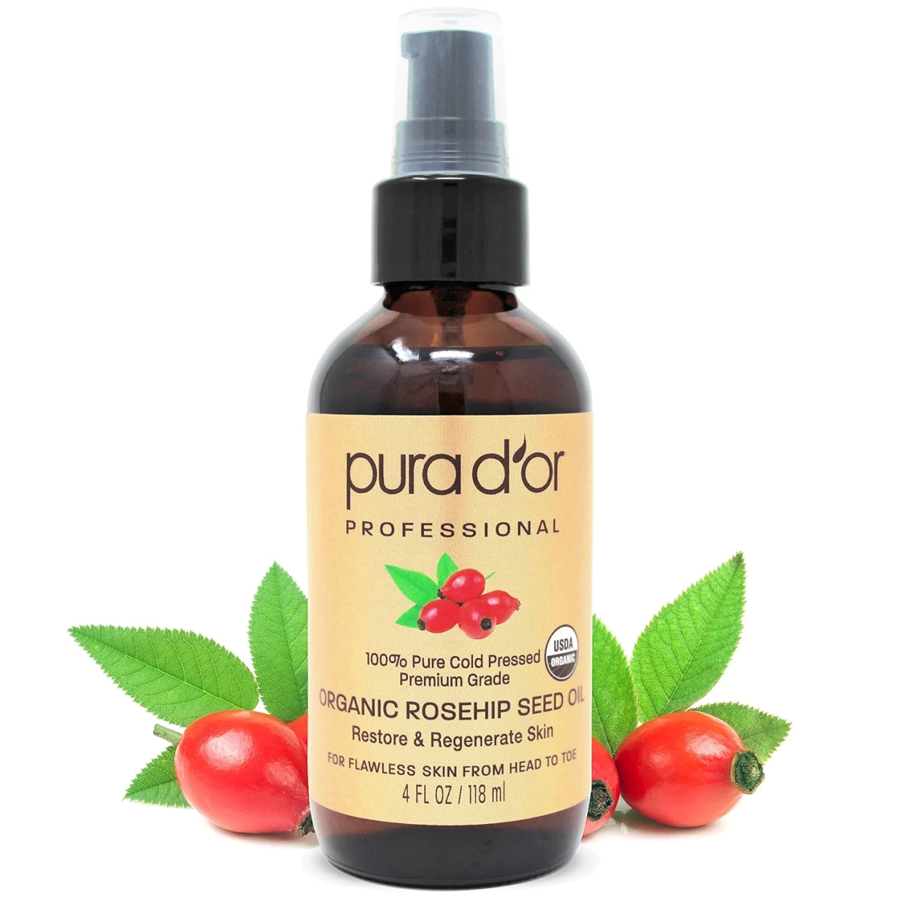 PURA D&rsquo;OR Organic Rosehip Seed Oil,100% Pure Cold Pressed USDA Certified All Natural Moisturizer Facial Serum