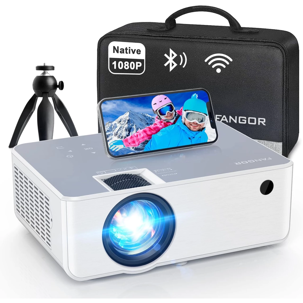 FANGOR 1080P HD Projector, WiFi Bluetooth Projectors, Max 230”Projection Screen Portable Home Theater Video Movie Proyector With Tripod, Compatible with HDMI, VGA, USB, Laptop, iOS &amp; Android Phone