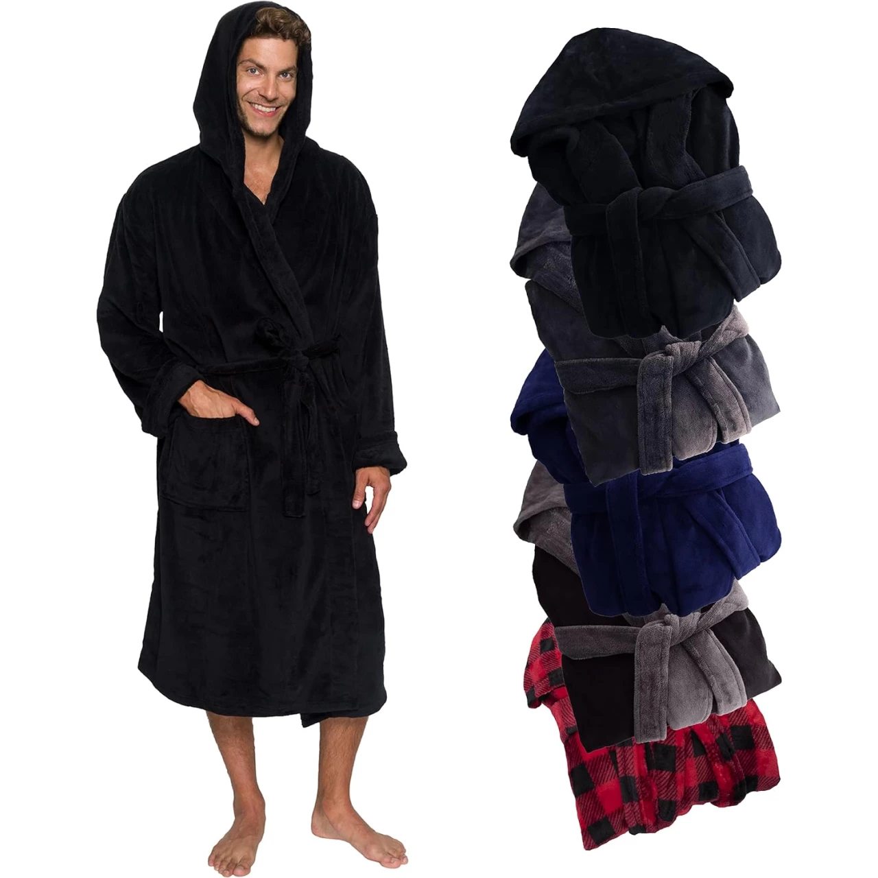 Ross Michaels Mens Robe Hooded Wrap Style - Mid Length Plush Fleece Bathrobe