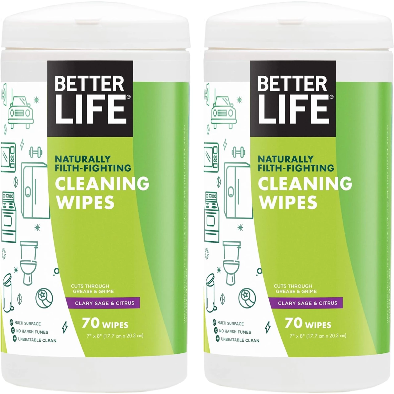 Better Life Natural All-purpose Cleaning Wipes, Clary Sage &amp; Citrus, 70 Count (Pack of 2)