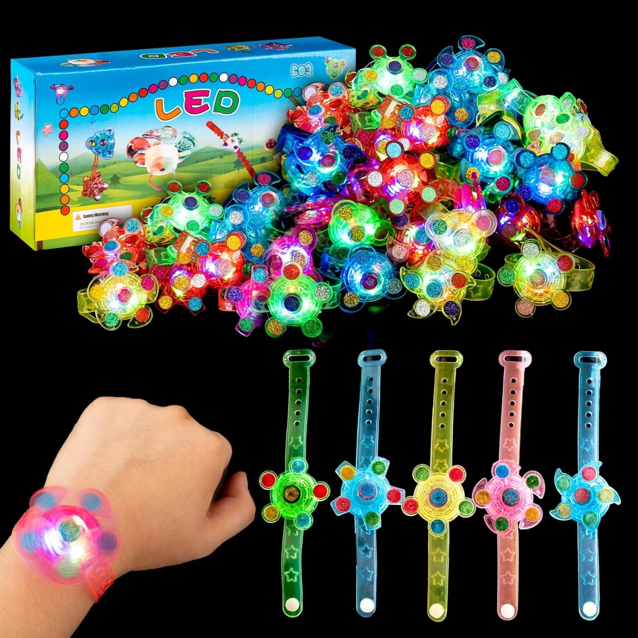 25 Pcs Goodie Bag Stuffers LED Light Up Fidget Spinner Bracelets,Party Favors for Kids 4-8 8-12 ,Glow in The Dark Party Supplies Return Gifts for Kids Birthday Christmas Stocking Halloween Easter