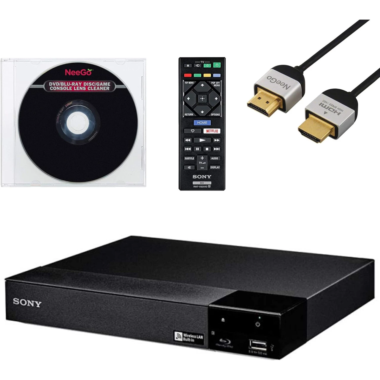 Sony BDP-BX370 / BDP-S3700 Blu-Ray Disc Player with Built-in Wi-Fi + Remote Control + NeeGo High-Speed HDMI Cable W/Ethernet NeeGo Lens Cleaner