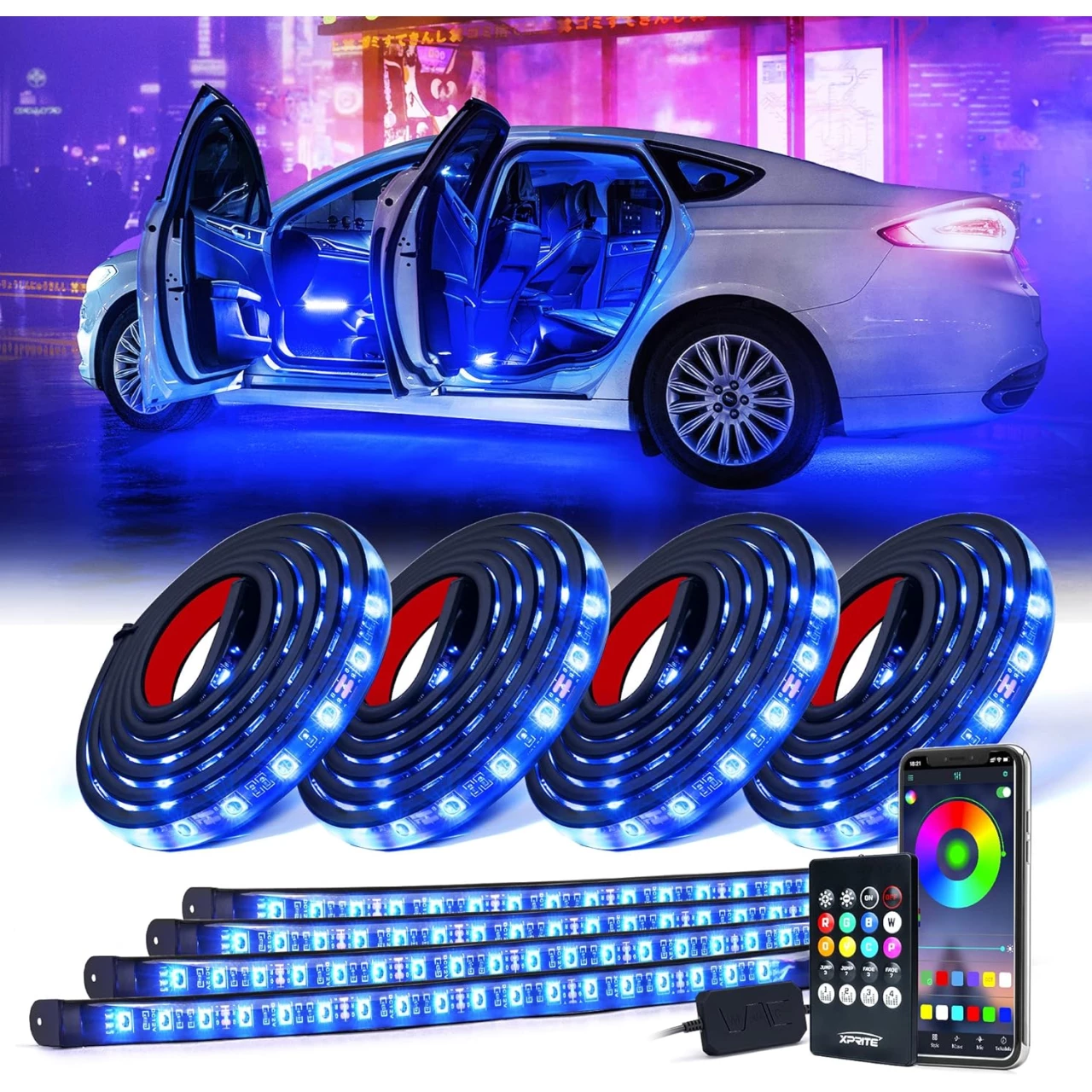 Xprite RGB LED Car Underglow Exterior Light and Interior Bluetooth Lights Kits, 8PCS Underbody Inside Glow Footwell Neon Ambient Lighting Strip