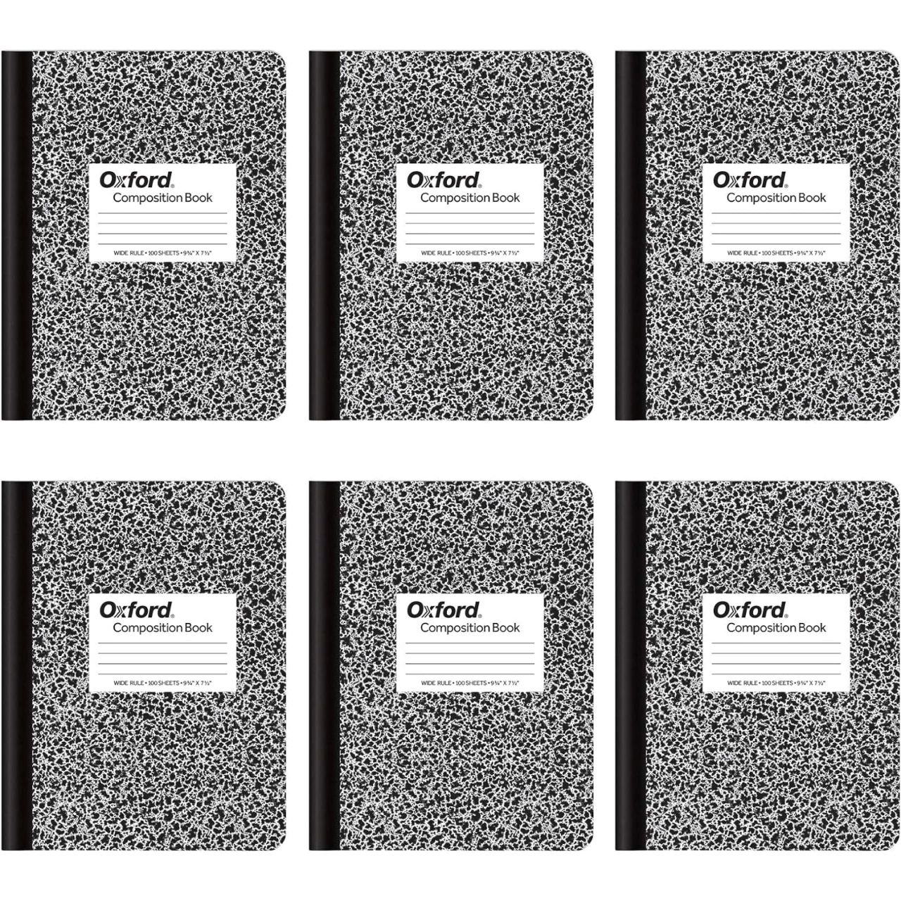 Oxford Composition Notebooks, Wide Ruled Paper, 9-3/4 x 7-1/2 Inches, 100 Sheets, Black, 6 Pack (63764)
