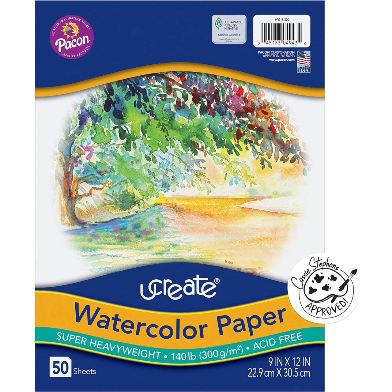 UCreate Watercolor Paper, White, Package, 140 lb., 9&quot; x 12&quot;, 50 Sheets