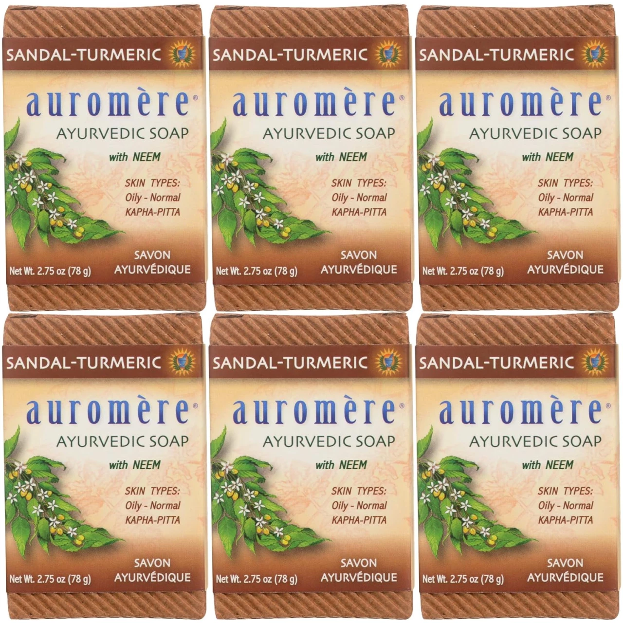 Auromere Ayurvedic Bar Soap, Sandal Turmeric - Eco Friendly, Handmade, Vegan, Cruelty Free, Natural, Non GMO (2.75 oz), 6 pack