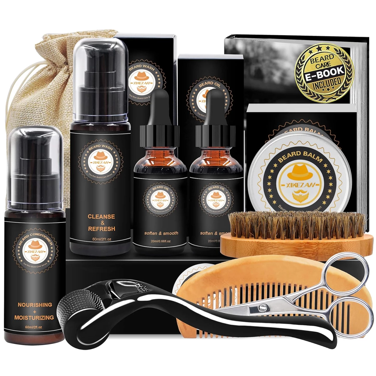 XIKEZAN Upgraded Beard Grooming Kit w/Beard Conditioner,Beard Oil,Beard Balm,Beard Brush,Beard Shampoo/Wash,Beard Comb,Beard Scissors,Storage Bag,Beard E-Book,Beard Growth Care Gifts for Men