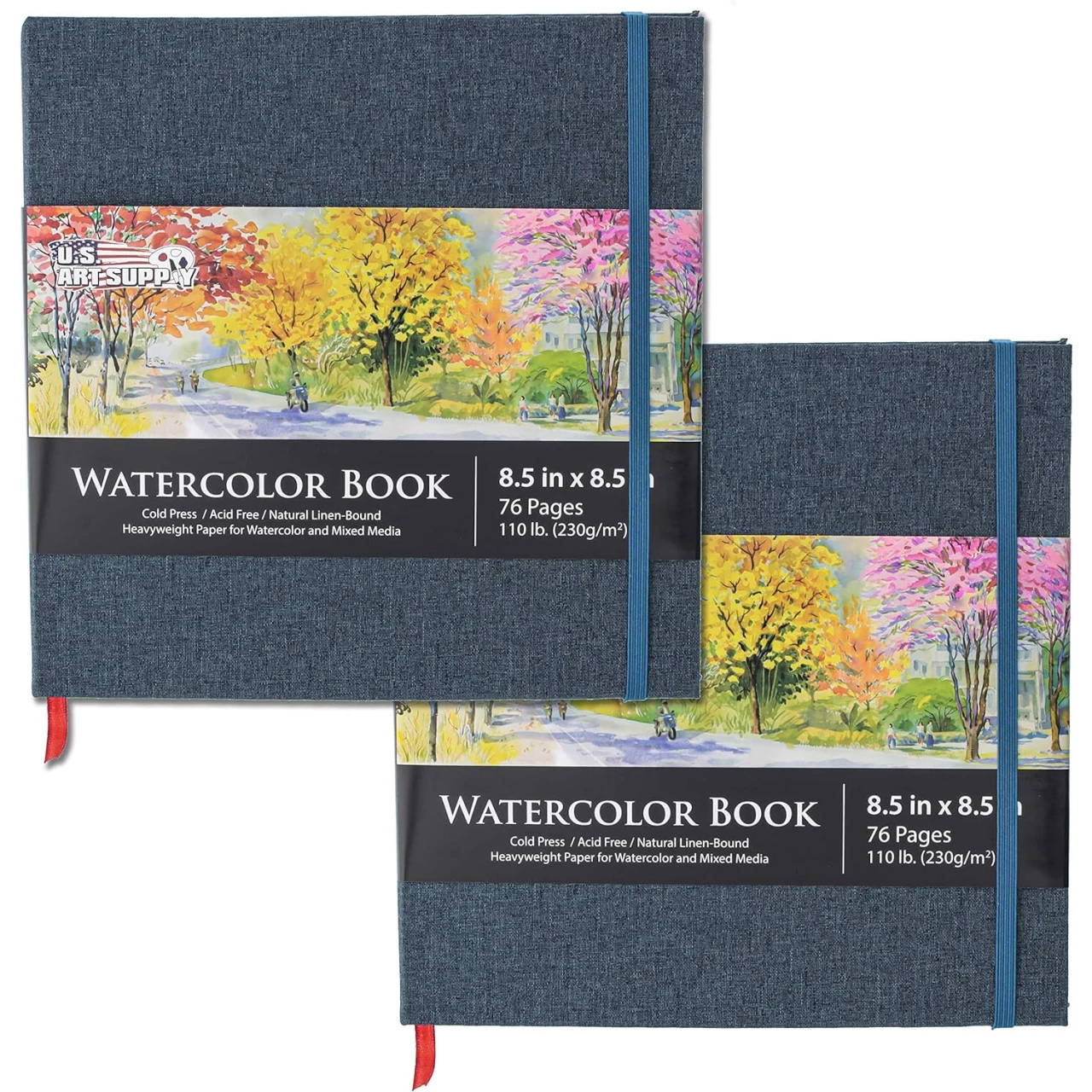 U.S. Art Supply 8.5&quot; x 8.5&quot; Watercolor Book, 2 Pack, 76 Sheets, 110 lb (230 GSM) - Linen-Bound Hardcover Artists Paper Pads - Acid-Free, Cold-Pressed, Brush Painting &amp; Drawing Sketchbook Mixed Media