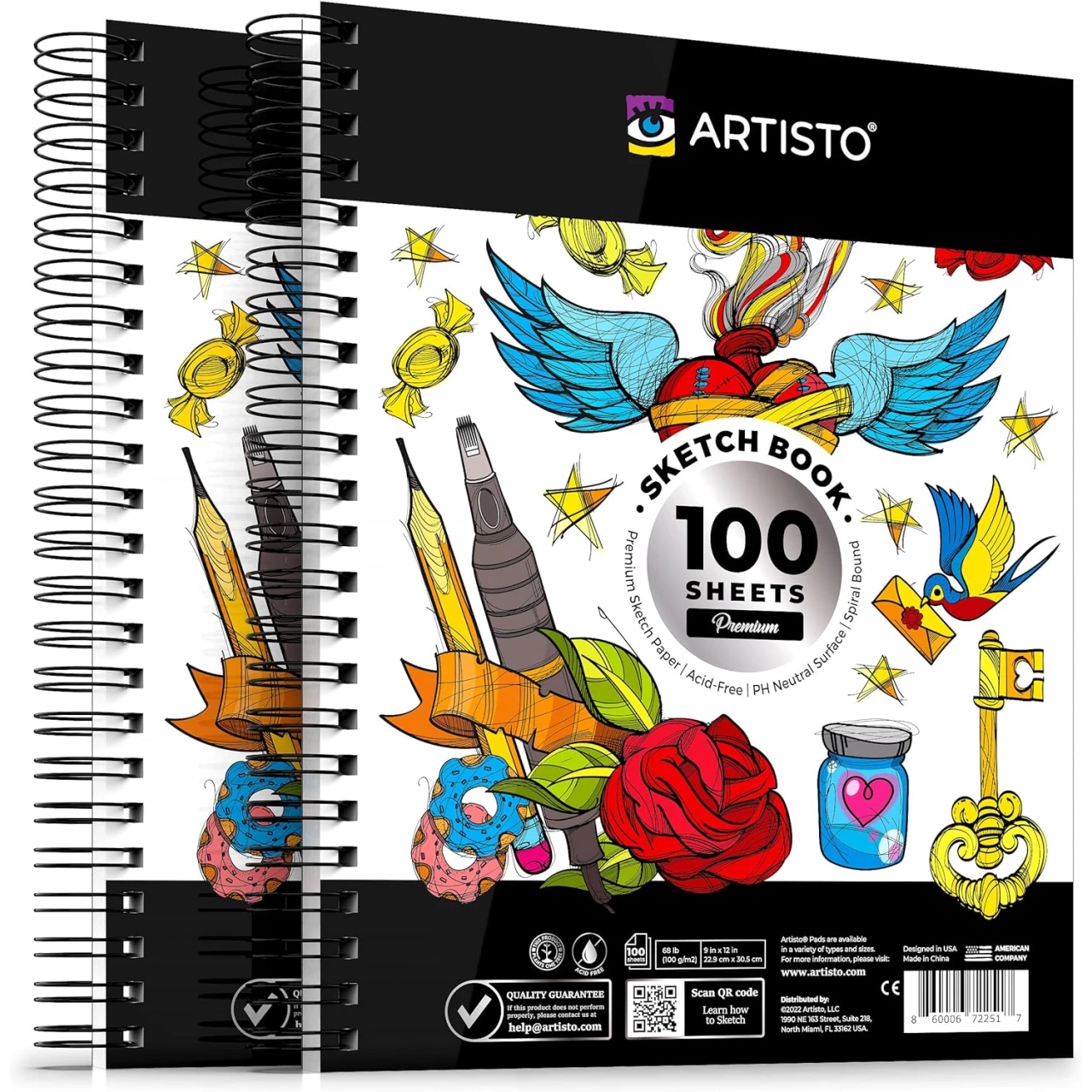 Artisto 9x12&quot; Premium Sketch Book Set, Spiral Bound, Pack of 2, 200 Sheets (100g/m2), Acid-Free Drawing Paper, Ideal for Kids, Teens &amp; Adults.