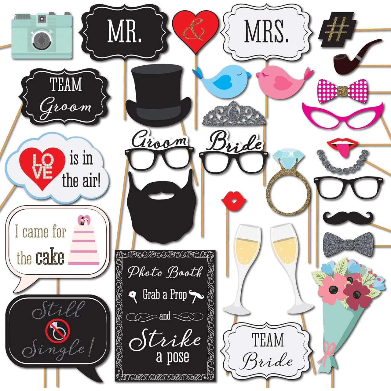 Wedding Photo Booth Props with 8 x 10-Inch Sign, 45 Adhesive Pads, 35 Wooden Sticks - Signs for Wedding Backdrop and Selfie Station