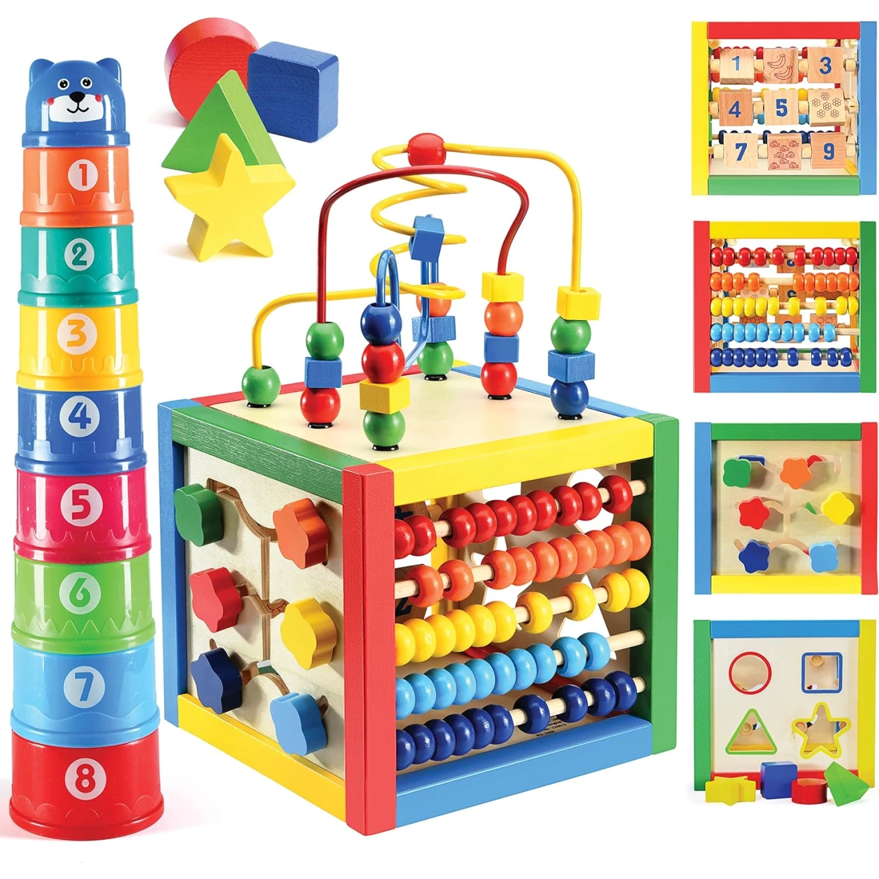 Wooden Activity Cube for Baby - 6 in-1 Baby Activity Play Cube