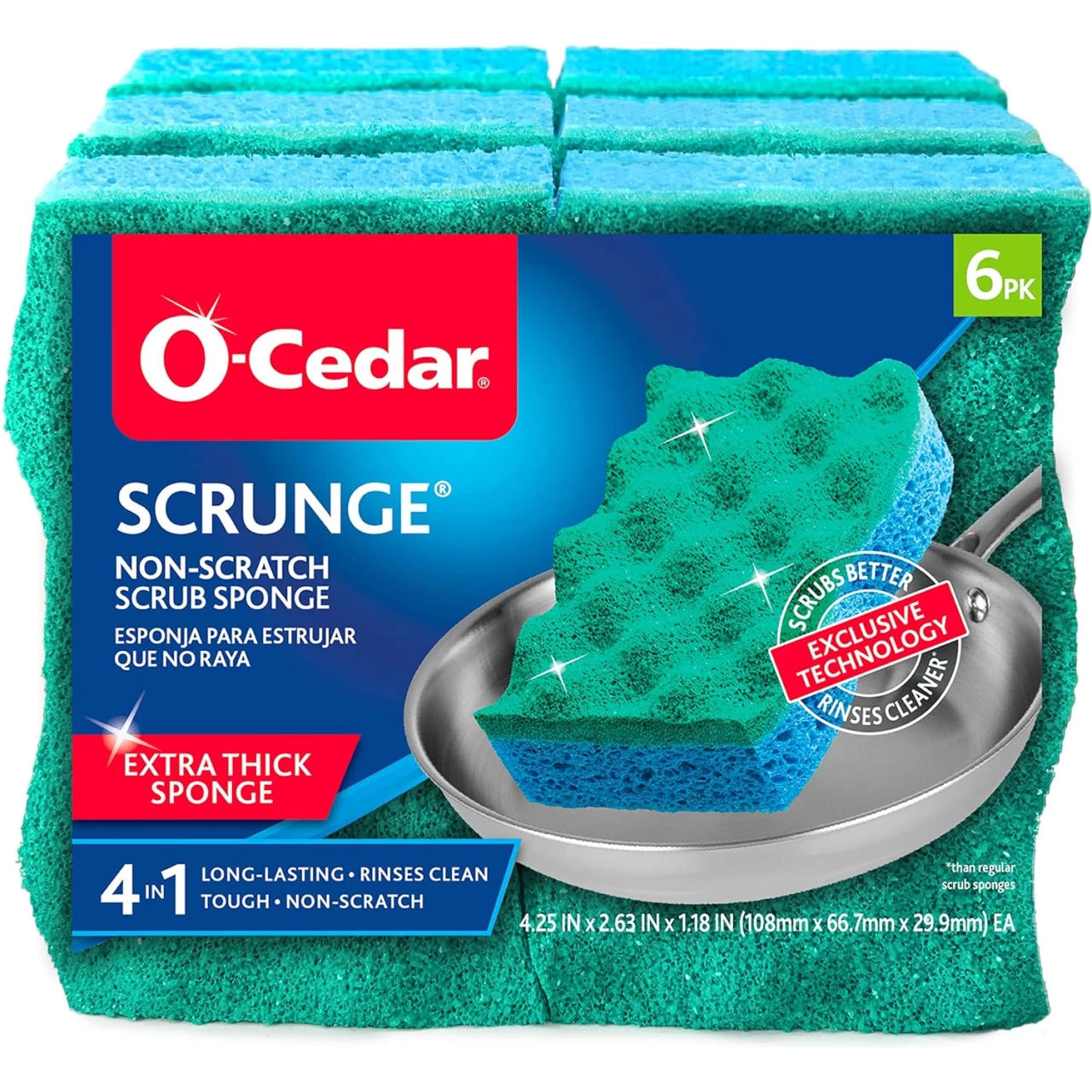 O-Cedar Scrunge Multi-Use (Pack of 6) Non-Scratch, Odor-Resistant All-Purpose Scrubbing Sponge Safely Cleans All Hard Surfaces in Kitchen and Bathroom, 6 Count (Pack of 1), Blue