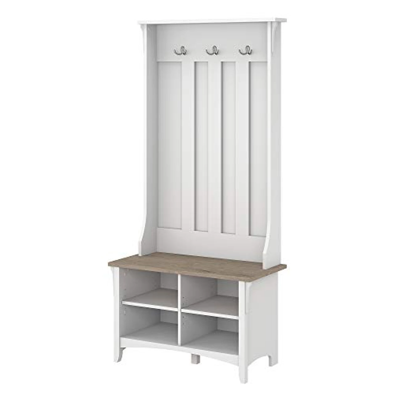 Bush Furniture Salinas Hall Tree Entryway Small Bench with Adjustable Shelves | Coat Rack with 3 Hanging Hooks and Shoe Storage, Pure White and Shiplap Gray