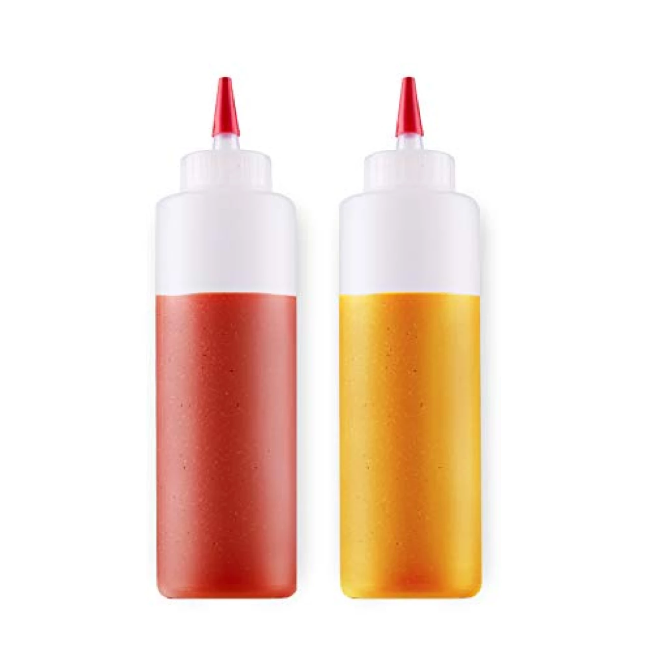 BOTTLIFY 16oz Squeeze Bottles with Red Cap-Pack of 2 Wide Mouth, Leak Proof Refillable Condiment Container for Kitchen Use