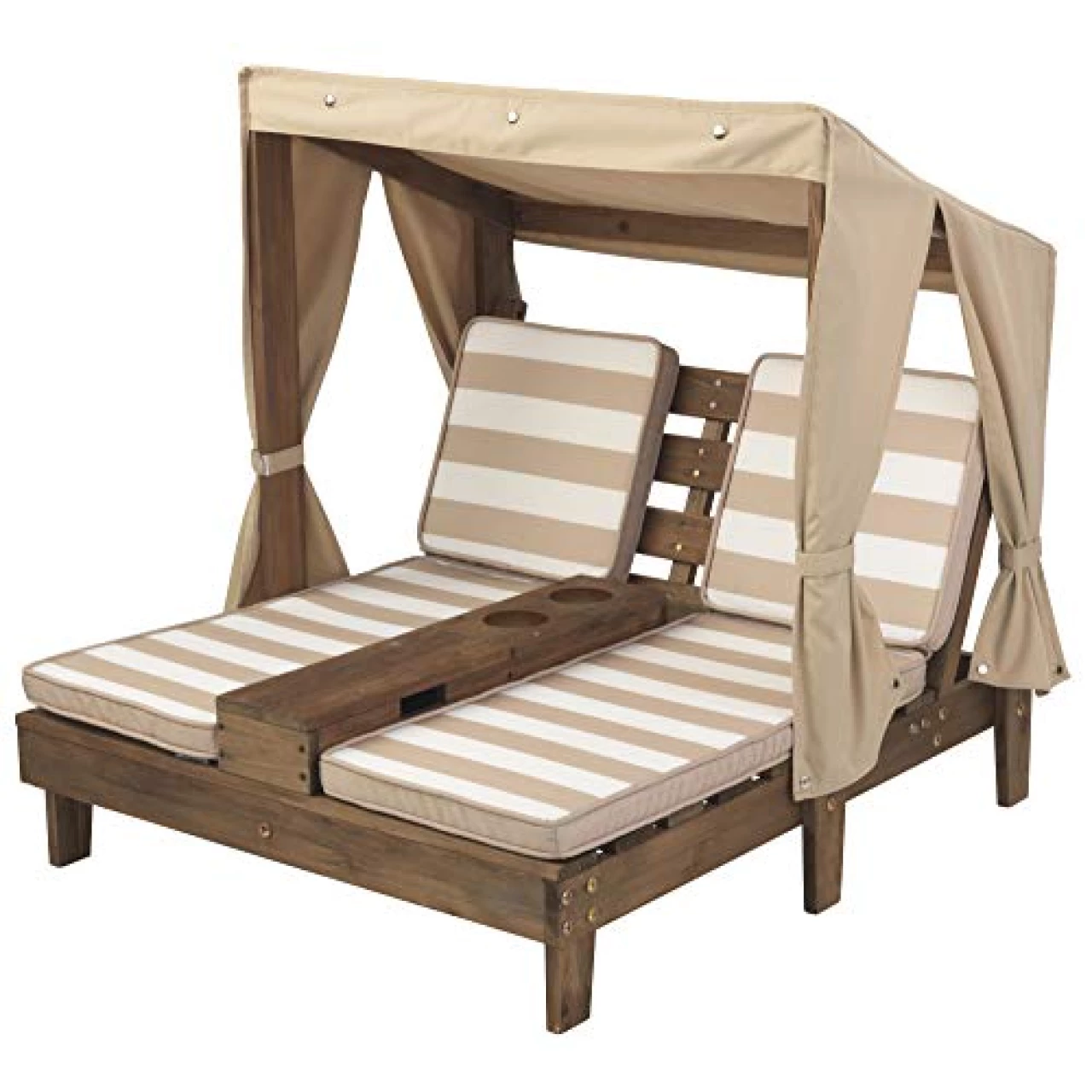 KidKraft Wooden Outdoor Double Chaise Lounge with Cup Holders, Patio Furniture for Kids or Pets, Espresso with Oatmeal and White Striped Fabric