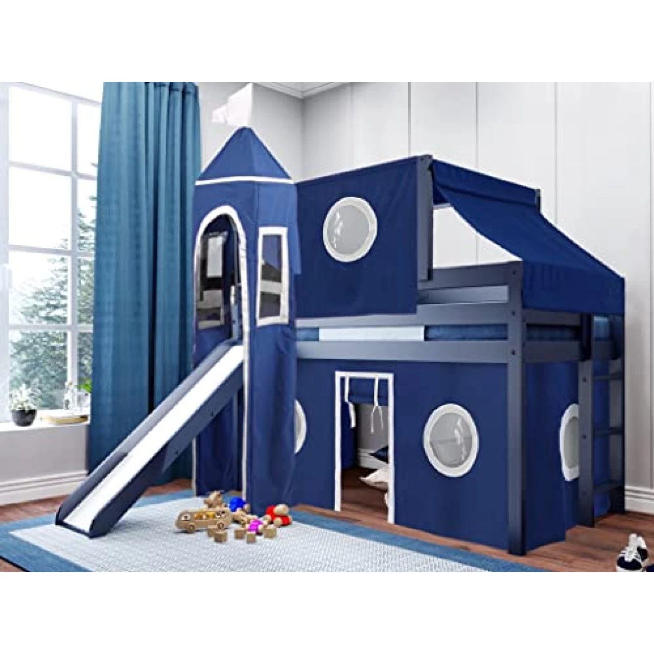 JACKPOT! Castle Low Loft Bed with Slide Blue &amp; White Tent and Tower, Loft Bed, Twin, Blue