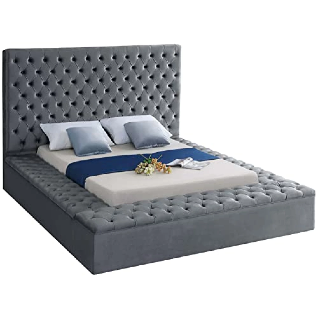 Meridian Furniture Bliss Collection Modern | Contemporary Velvet Upholstered Bed with Deep Button Tufting and Storage Compartments in Rails and Footboard, Gray, King