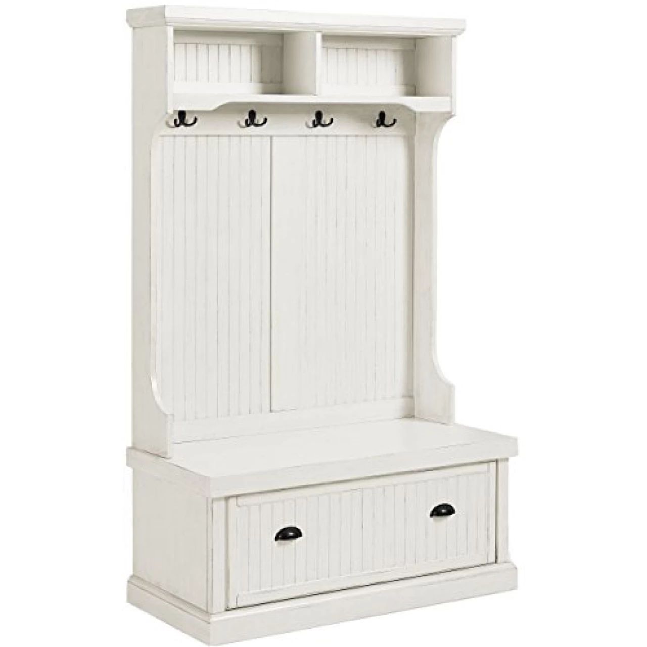 Crosley Furniture Seaside Hall Tree, Entryway Bench with Coat Rack and Shoe Cabinet, Distressed White