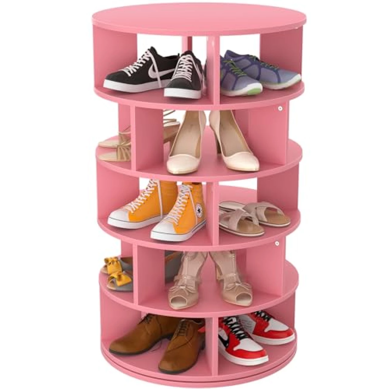 Aheaplus Rotating Shoe Rack, 5-Tier Wood Shoe Organizer for Closet, 360° Spinning Shoe Rack Tower Space-Saving Shoe Storage Shelf for Entryway, Garage, Bedroom, Pink