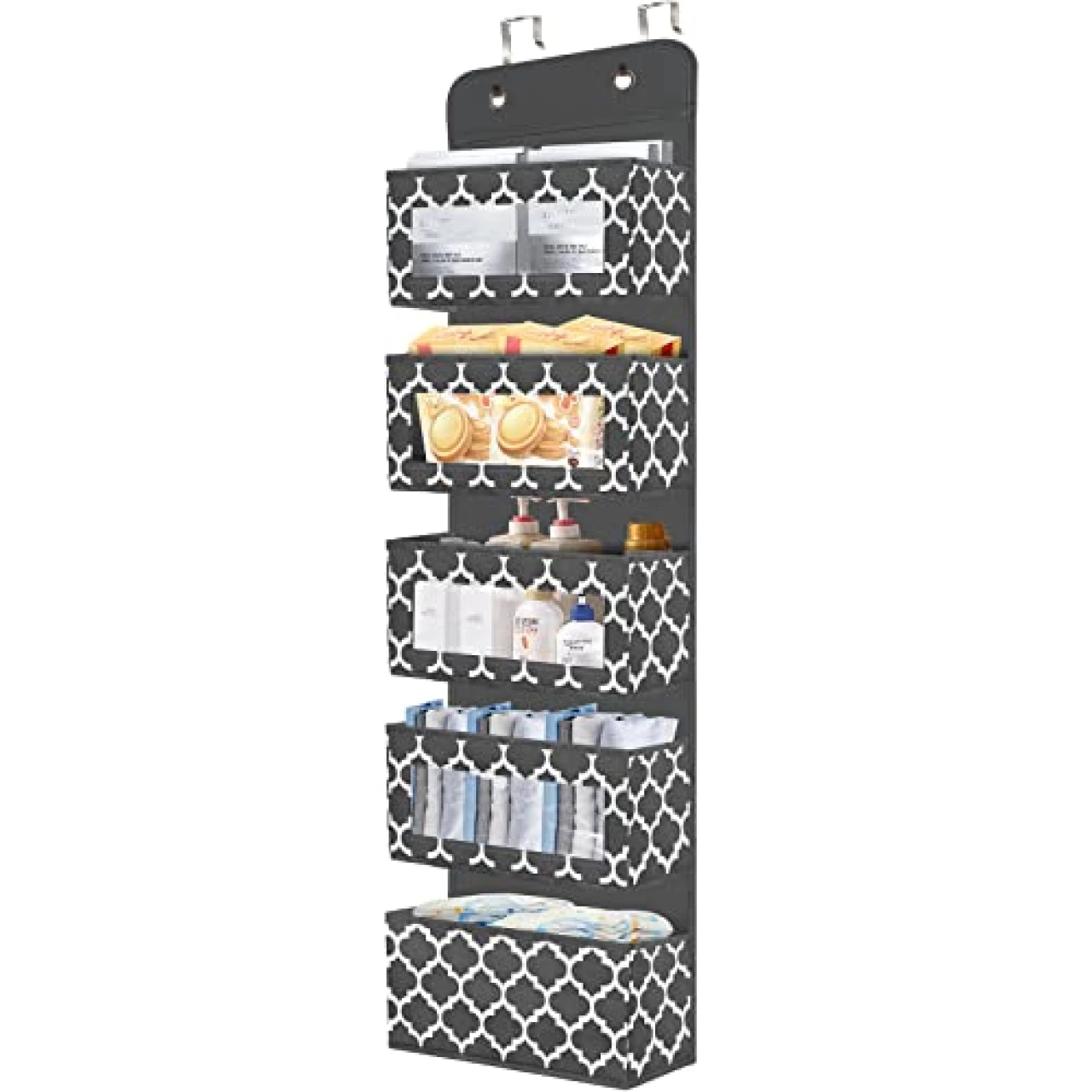 homyfort Over Door Organizer, Bathroom Pantry Nursery Cabinet Baby Storage with 5 Large Pockets &amp; 2 Widened Hooks, Wall Mount Hanging Organizer with Clear Window for Diapers, Closet, Dorm, Grey
