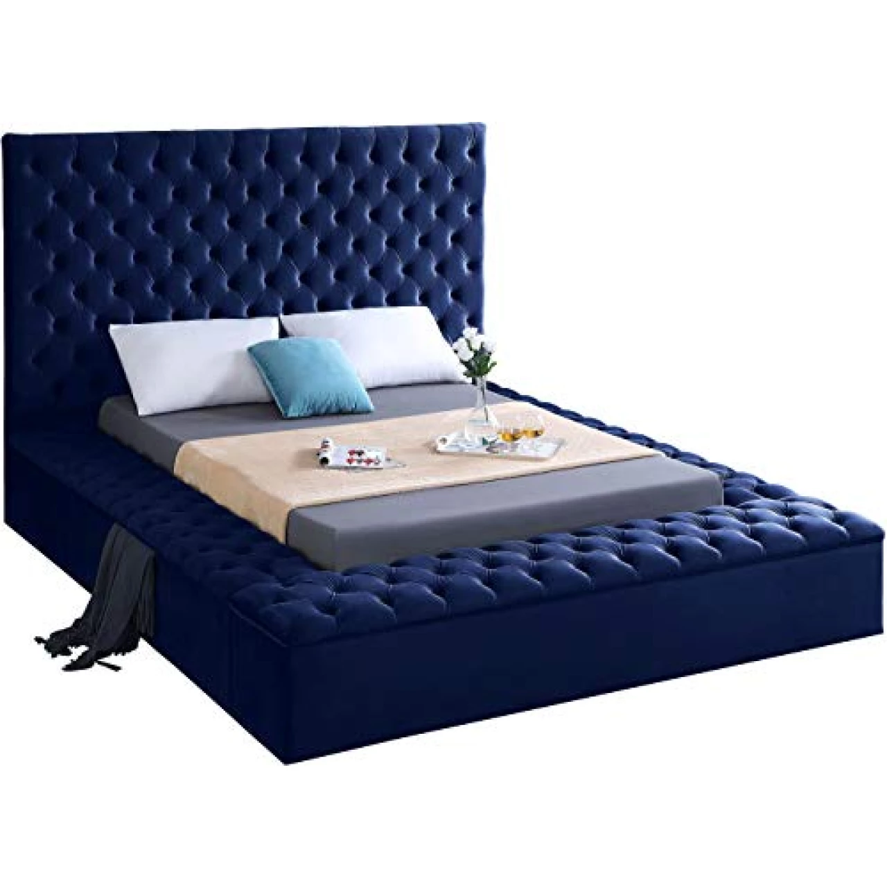 Meridian Furniture Bliss Collection Modern | Contemporary Velvet Upholstered Bed with Deep Button Tufting and Storage Compartments in Rails and Footboard, Navy, King