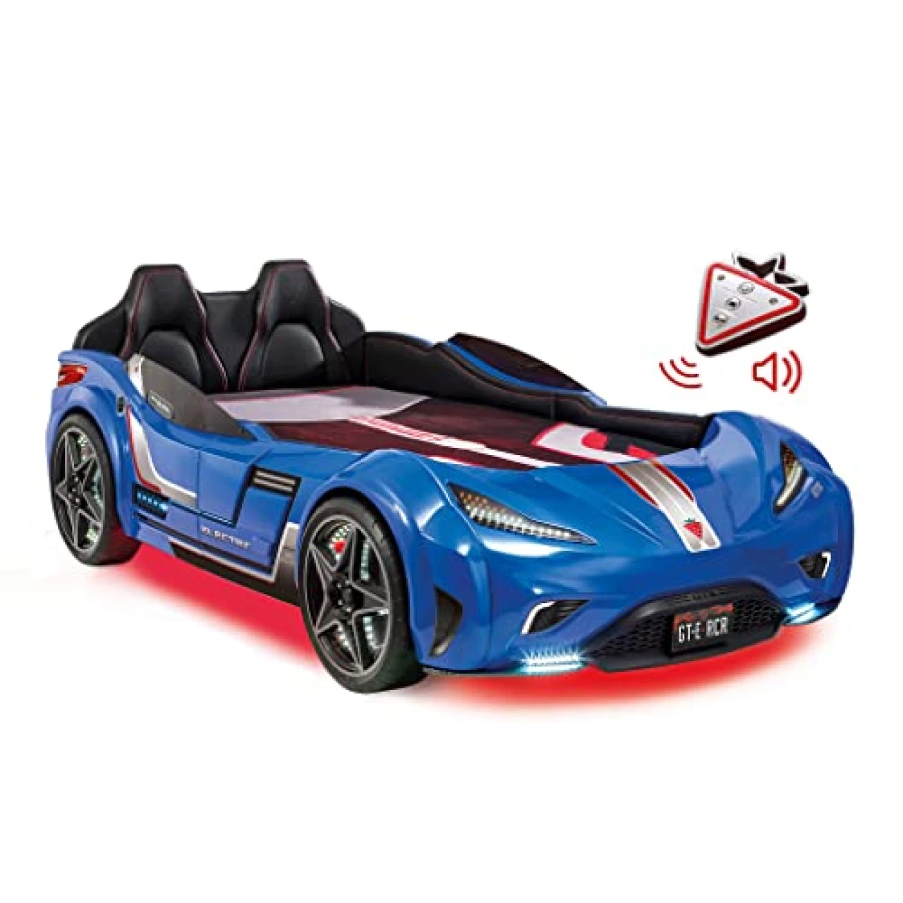 Cilek Twin Size Kids Race Car Bed Frame Remote Control, LED Lights, EV Sound FX, Vegan Leather Interior, License Plate, Blue