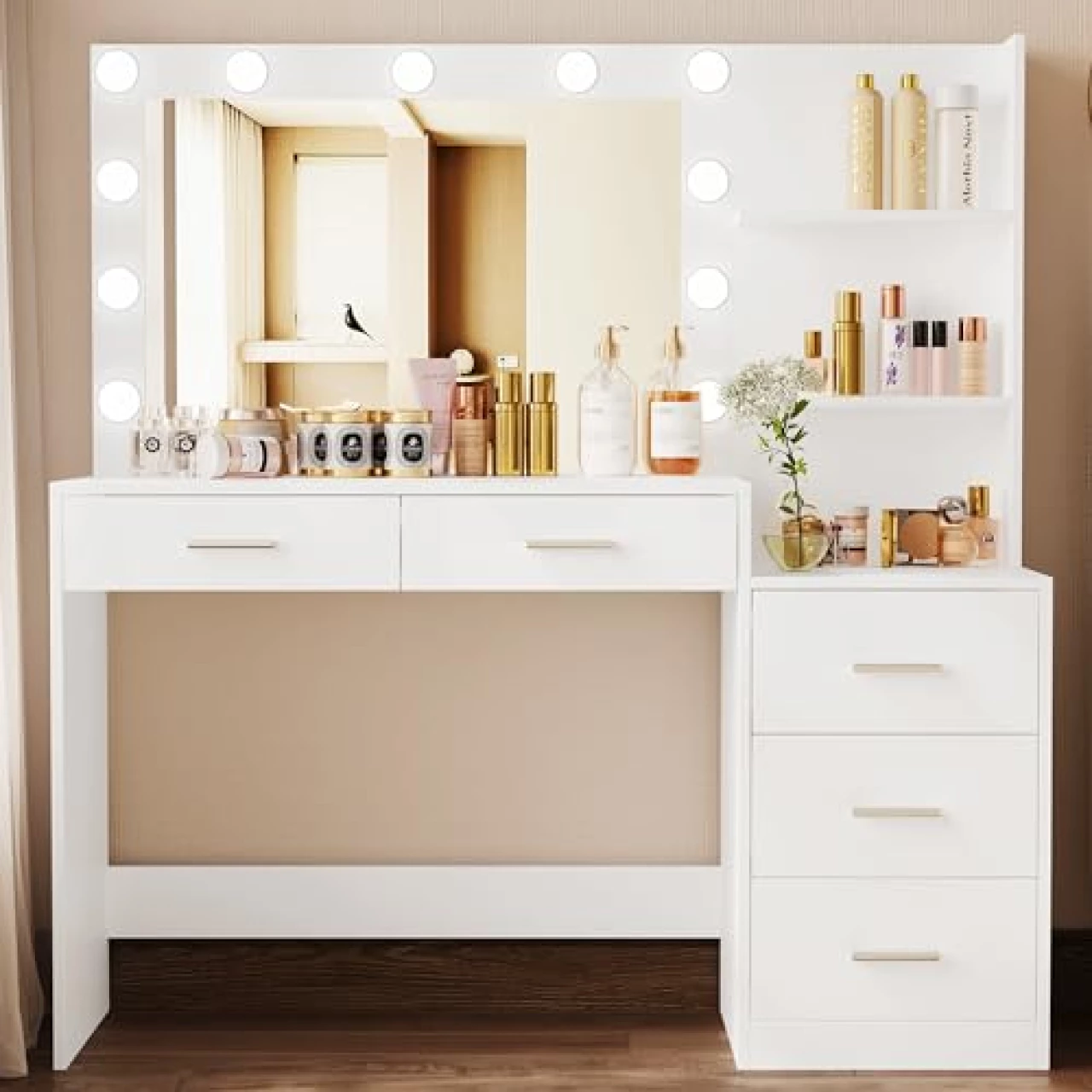 Rovaurx 46.7&quot; Makeup Vanity Table with Lighted Mirror, Large Vanity Desk with Storage Shelf &amp; 5 Drawers, Bedroom Dressing Table, 11 LED Lights, White RSZT106W