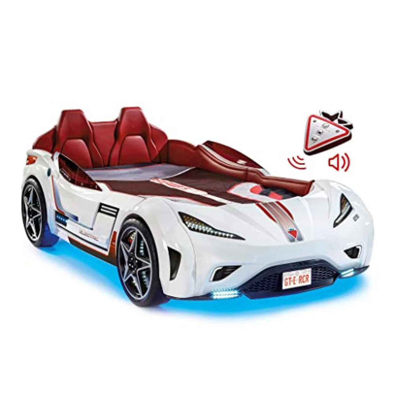 Cilek GTS EV Twin Race Car Bed, Remote Control, LED Lights, EV Sound FX, Vegan Leather Interior, License Plate, White