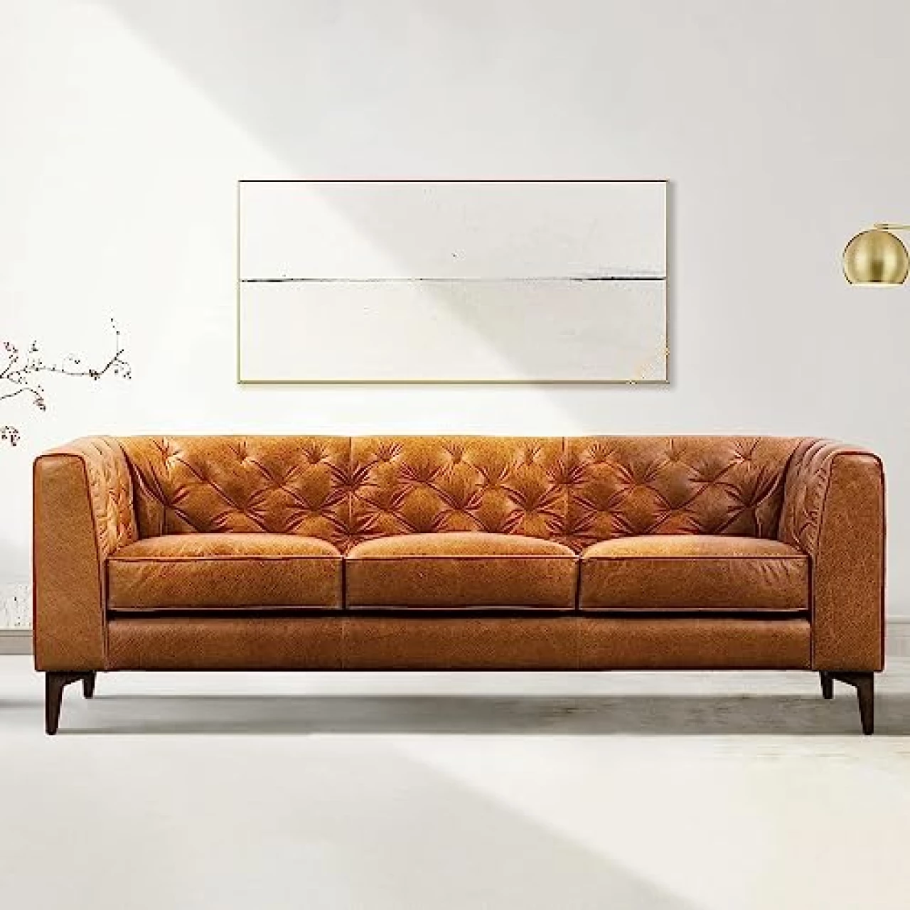 Poly &amp; BARK Essex Leather Couch - 89-Inch Leather Sofa with Tufted Back - Full Grain Leather Couch with Feather-Down Topper On Seating Surfaces - Vintage Pure-Aniline Italian Leather - Cognac Tan