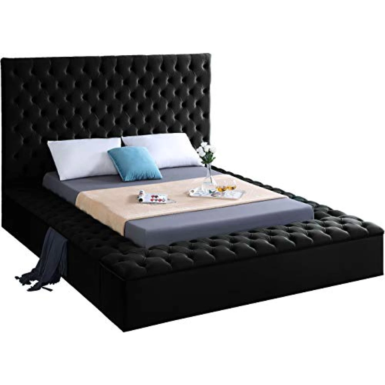 Meridian Furniture Bliss Collection Modern Velvet Upholstered Bed with Storage Compartments, Black, Queen