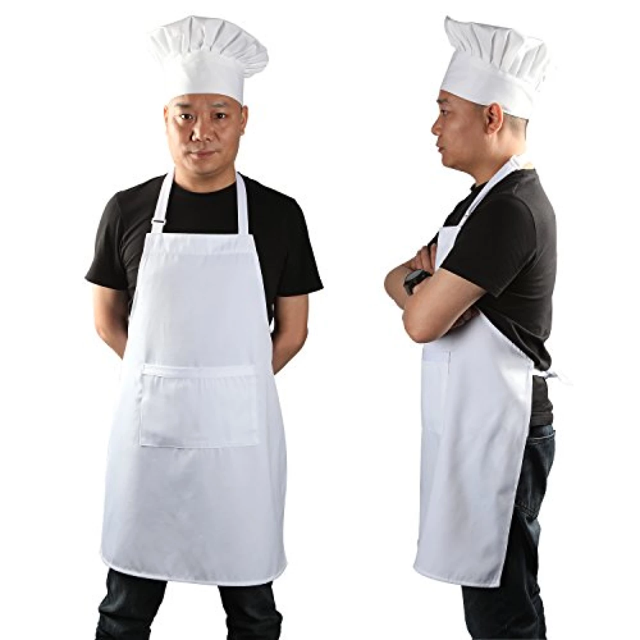 yotache Chef Apron Set, Chef Hat and Kitchen Apron Adult Adjustable White Apron Baker Costume for Men and Women, 1 Set