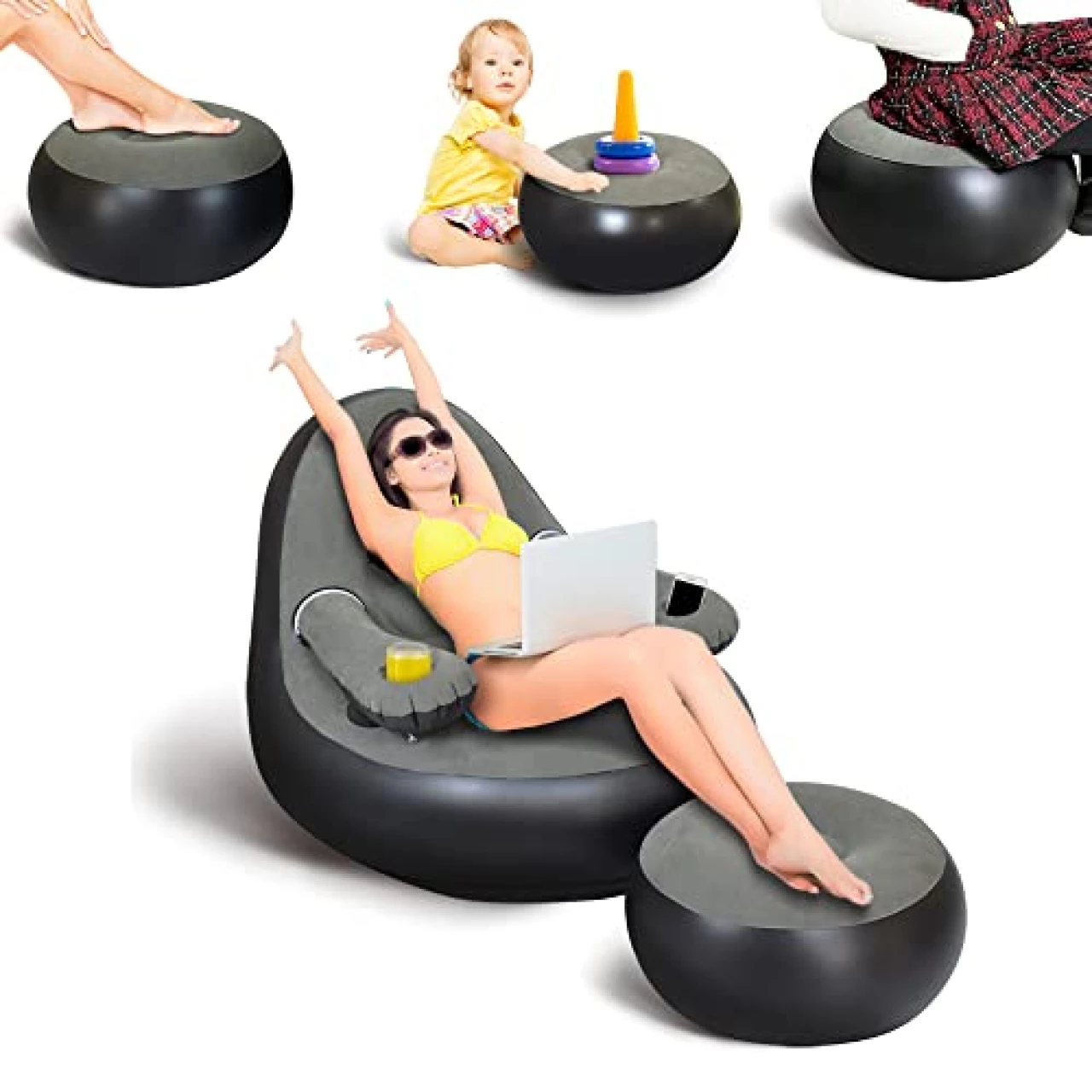 Nevife Inflatable Lounge Chair with Ottoman &amp; Cup Holder
